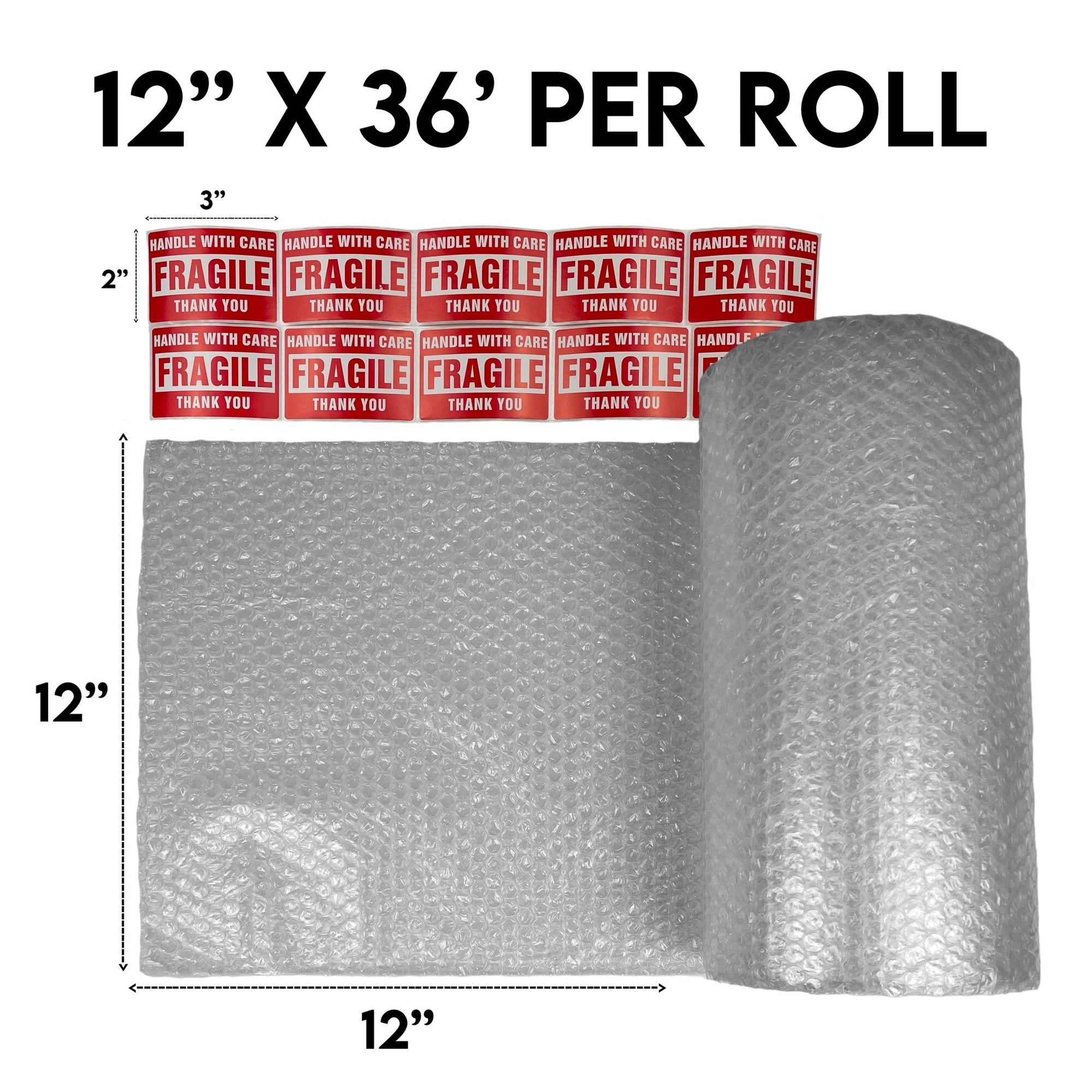 Bubble Cushioning Wrap Roll - Includes Handle with Care Label - 12" x 12"