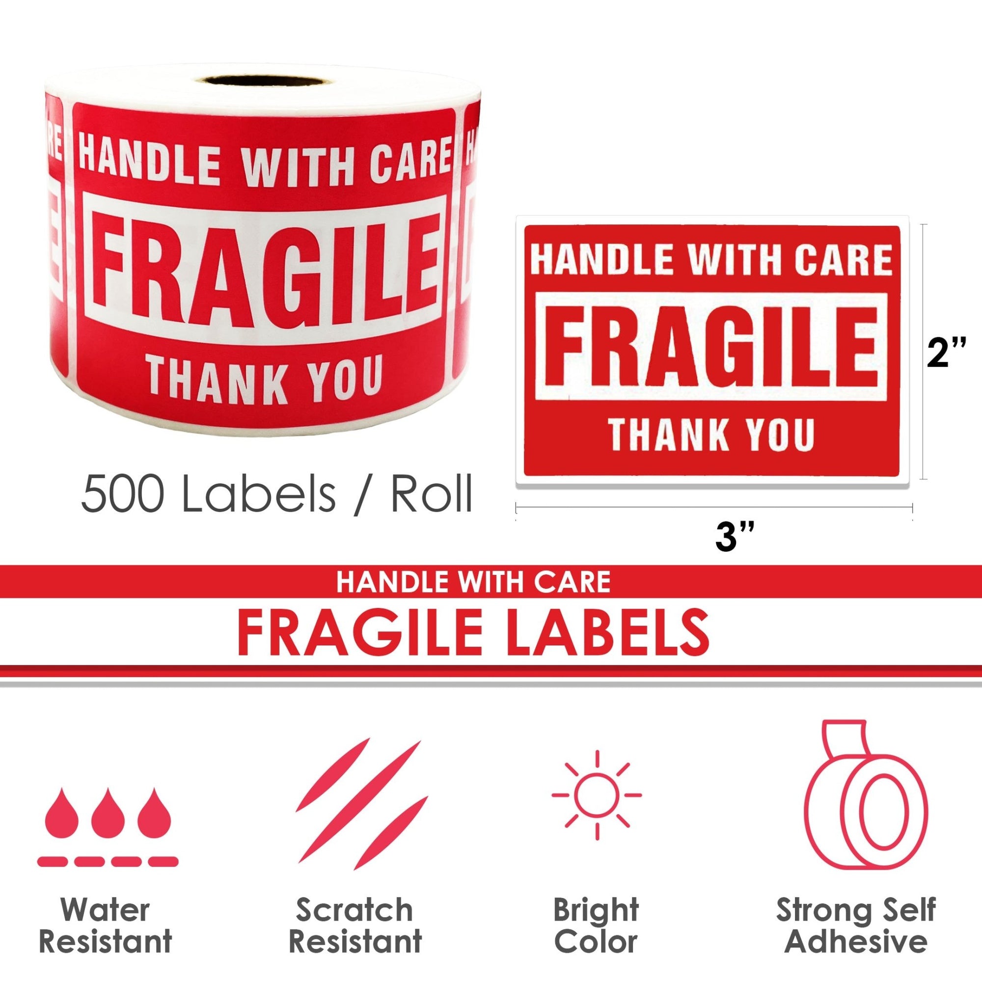 Handle with Care Fragile Label - 2" x 3" - Red - 500 Pack