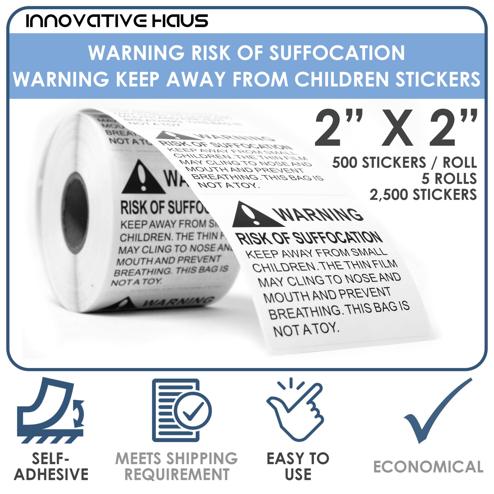 Risk of Suffocation Warning Labels - 2" x 2" - 2 Pack