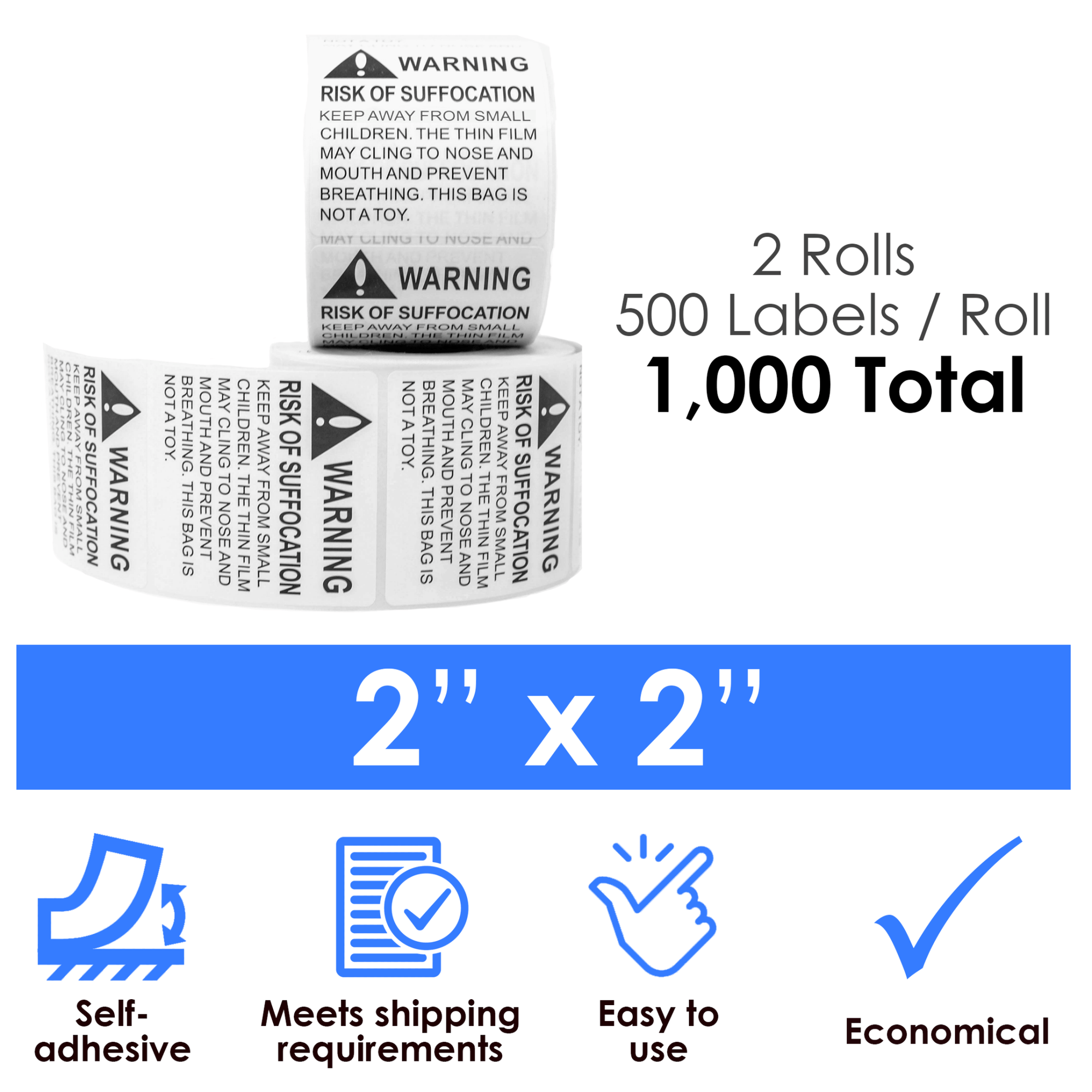 Risk of Suffocation Warning Labels - 2" x 2" - 2 Pack